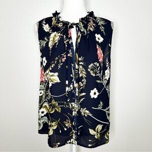 B Collection By Bobeau Womens Navy Floral Sleeveless Tie-Neck Top Size M EUC